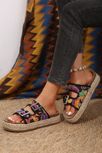 Black Paisley Print Double-Buckle Wedge Slippers