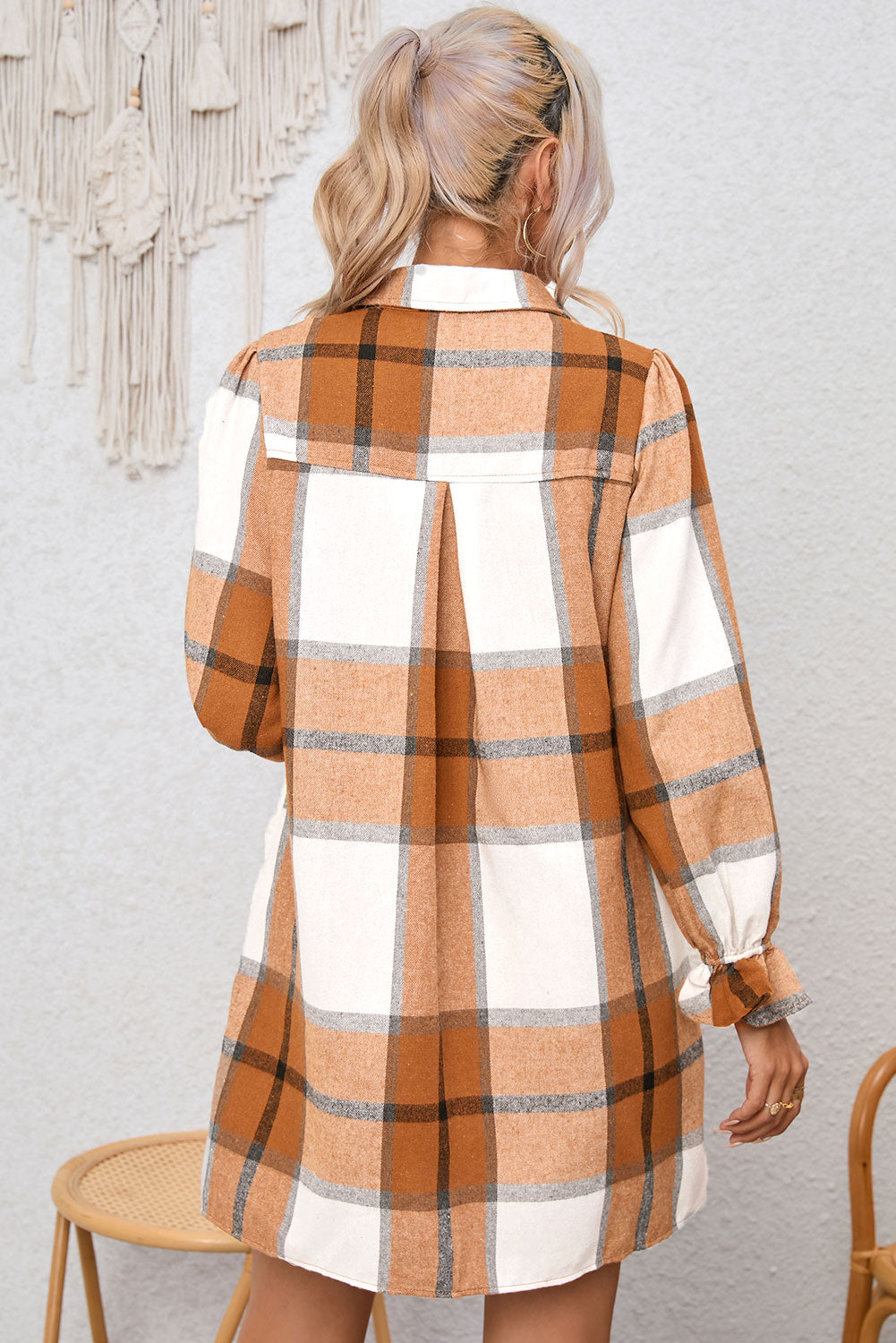 Brown Plaid Pattern Collared Neck Ruffled Sleeve Shirt Dress
