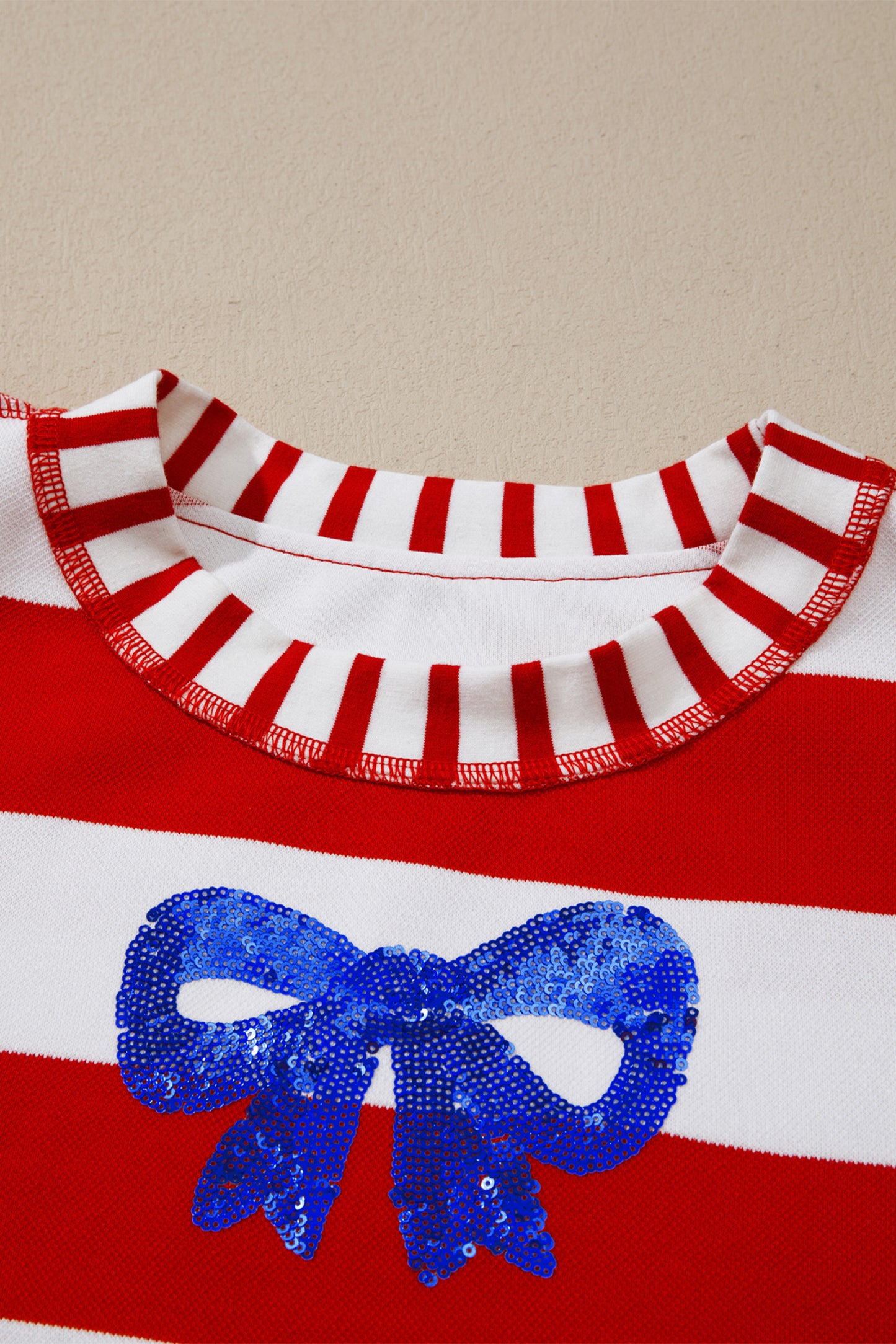 Red Stripe Sequin Bow Patriotic Half Sleeve Top