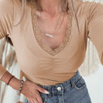 Smoke Gray Lace-trimmed Sweetheart Neckline Ruched Detail Long Sleeve T-shirt