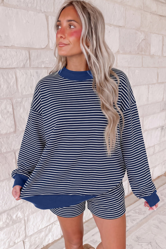 Blue Stripe Ribbed Patchwork Mock Neck Baggy Pullover Matching Shorts Set