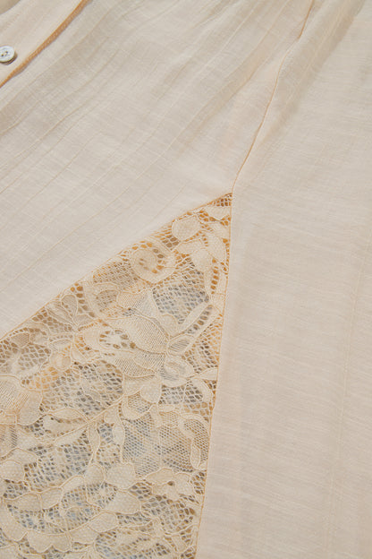 Oatmeal Sheer Lace Splicing Detail Bracelet Sleeve Loose Flowy Shirt