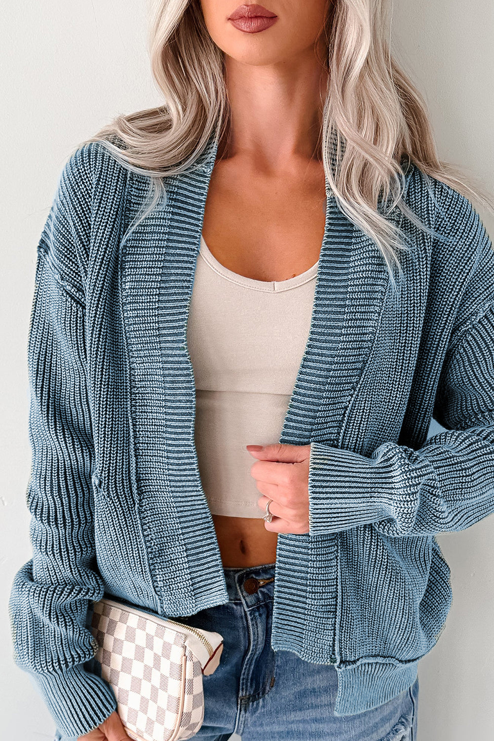 Dark Brown Mineral Wash Exposed Seam Patchwork Knit Open Sweater Cardigan