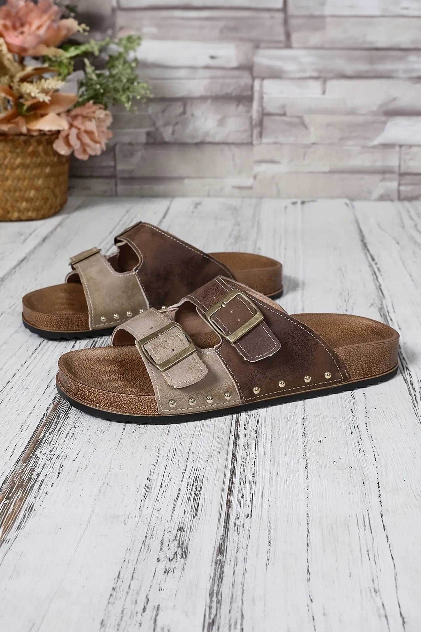 Coffee Two-tone Retro Buckle Straps Hollowed Faux Suede Slippers