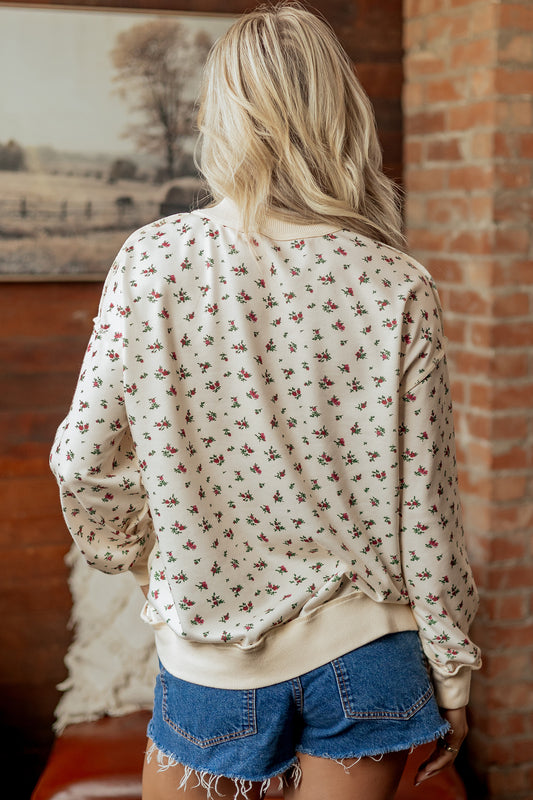 Beige Floral Print Stand Neck Long Sleeve Slogan Sweatshirt