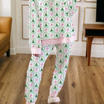 Green Bow Christmas Tree Print Contrast Striped Banding 2pcs Lounge Set