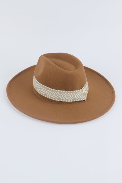 Sombrero Fedora plano retro con bordado azteca marrón