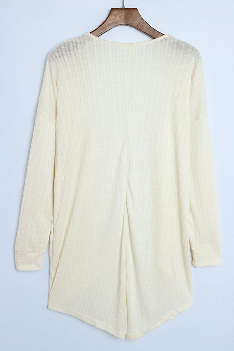 Beige Open Front Rounded Hem Textured Knit Cardigan