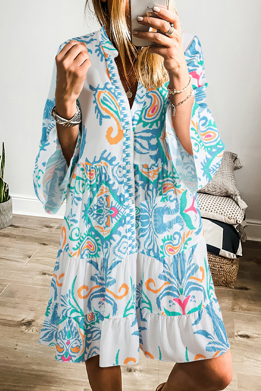 White Printed Tribal Bracelet Sleeve Buttoned Mini Dress