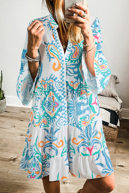 White Printed Tribal Bracelet Sleeve Buttoned Mini Dress