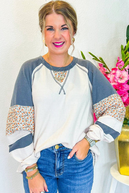 Haut raglan en maille gaufrée à motif patchwork floral blanc