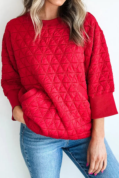 Fiery Red Quilted Diamond Pattern 3/4 Sleeve Pocketed Casual Top