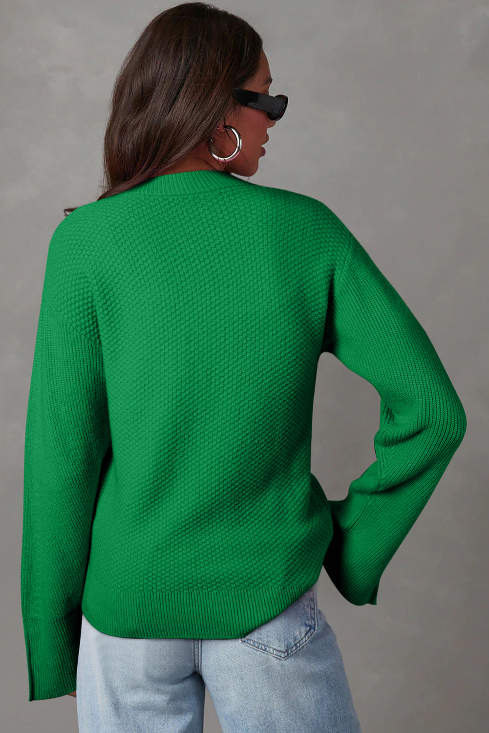 Dark Green Solid Textured Knit Split Cuff Drop Shoulder Loose Sweater