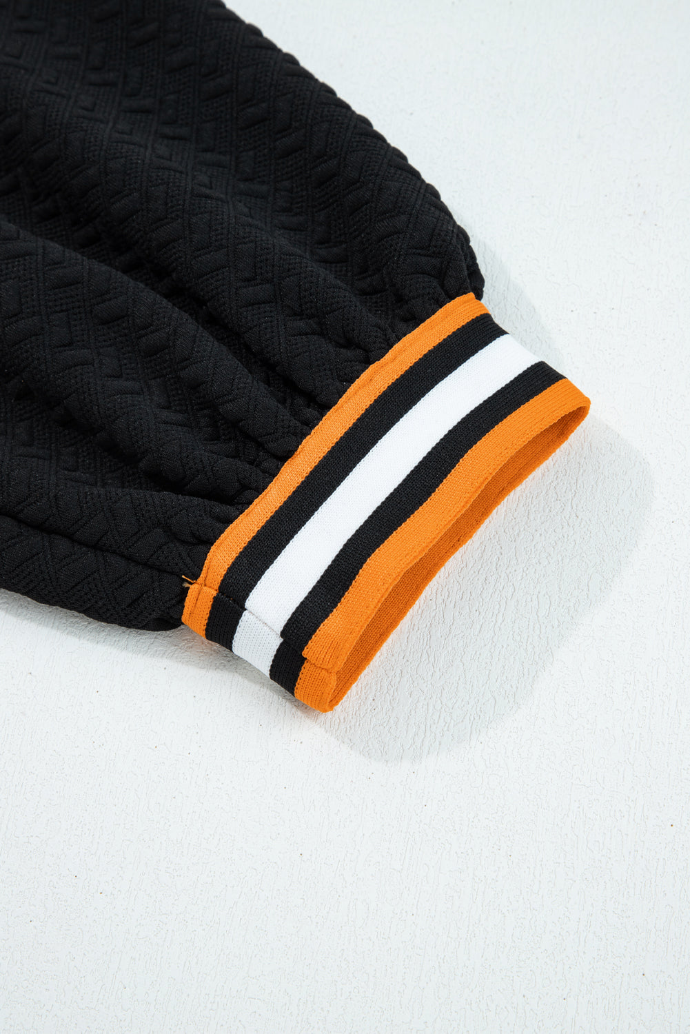 Black Stylish Textured Striped Patchwork Polo Collar Pullover Sweatshirt