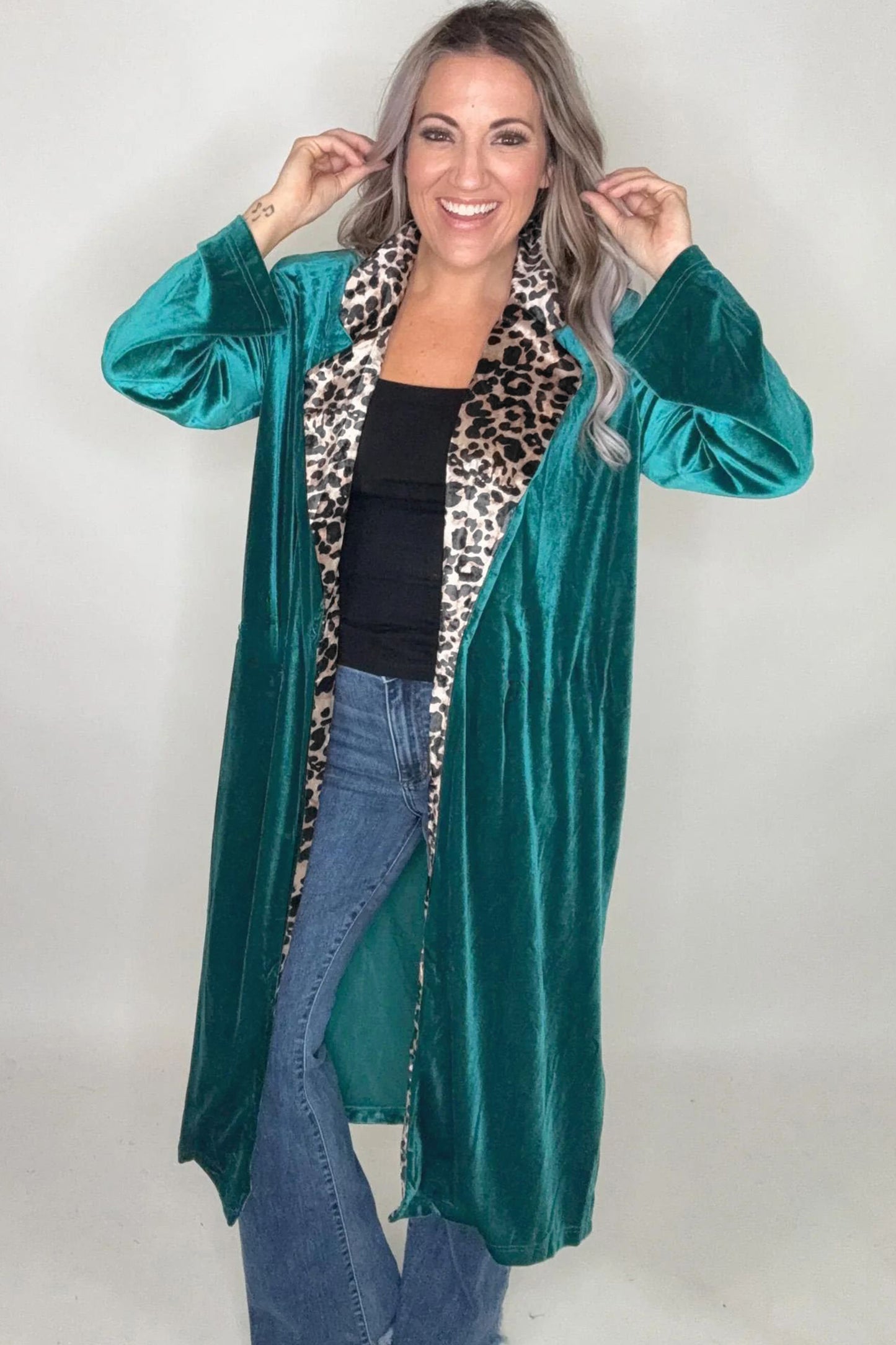 Skobeloff Velvet Contrast Leopard Print Lapel Collar Open Front Cardigan