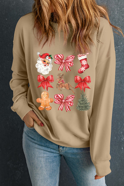 Khaki Christmas Pattern Graphic Crew Neck Sweatshirt