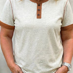 Light Grey Plus Size Distressed Color Block Trim Cotton Henley Tee