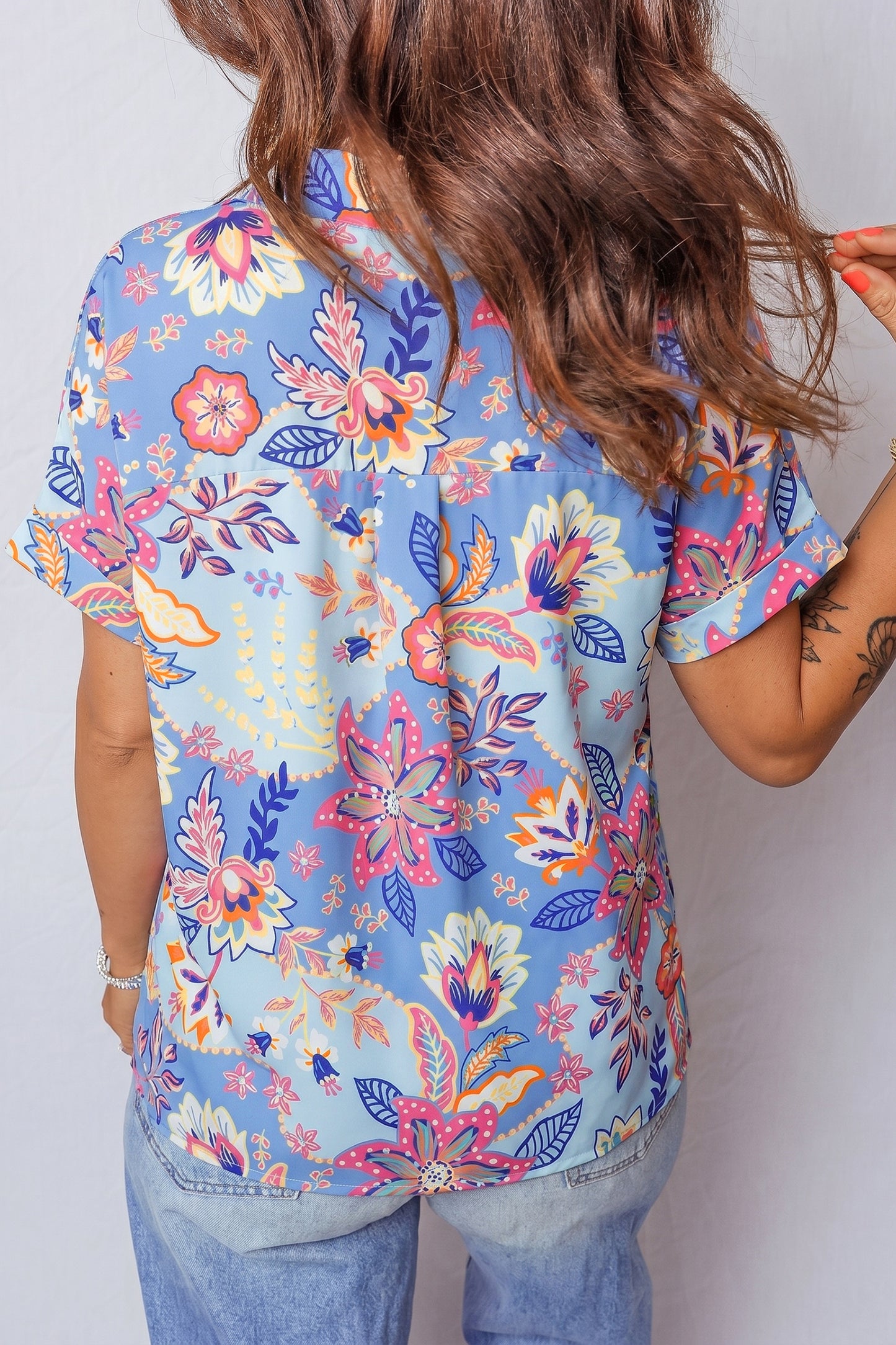 Purple Vacation Floral Print V Neck Short Sleeve Blouse