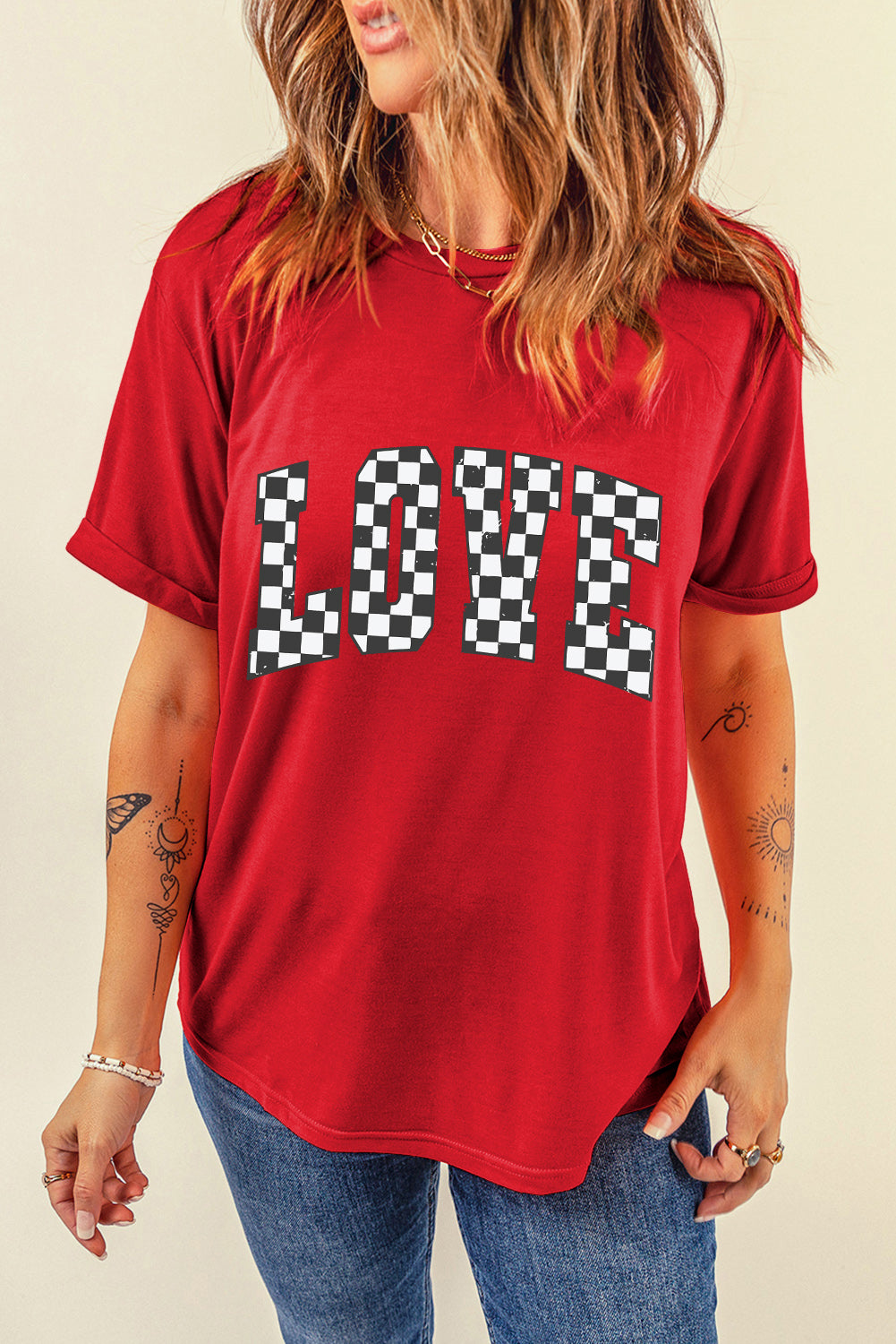 T-shirt de Saint-Valentin à carreaux rouges avec motif lettre LOVE