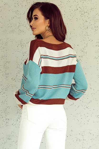 Peach Blossom Striped Pattern Knit V Neck Sweater