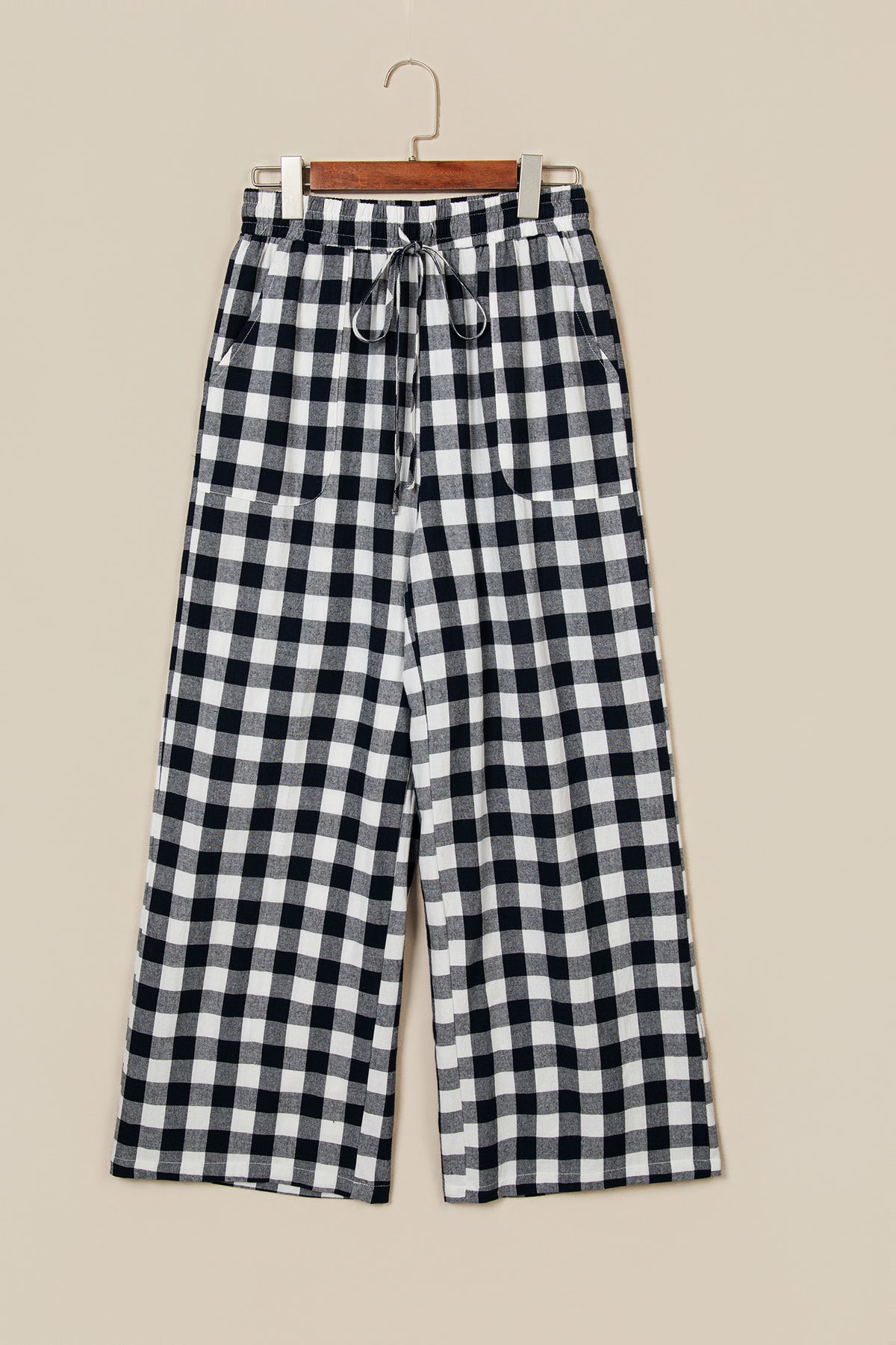Blue Gingham Plaid Tie Elastic Waist Shift Pants