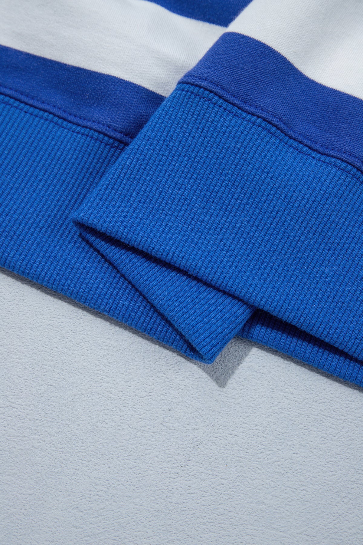 Blue Stripe Ribbed Trim Stand Neck Dropped Shoulder Plus Size Sweatshirt