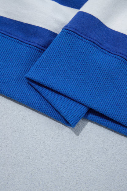 Blue Stripe Ribbed Trim Stand Neck Dropped Shoulder Plus Size Sweatshirt