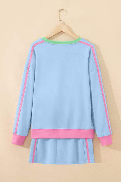 Sky Blue Ribbed Colorblock Trim V Neck Sporty Pullover Mini Skort 2pcs Athleisure Set