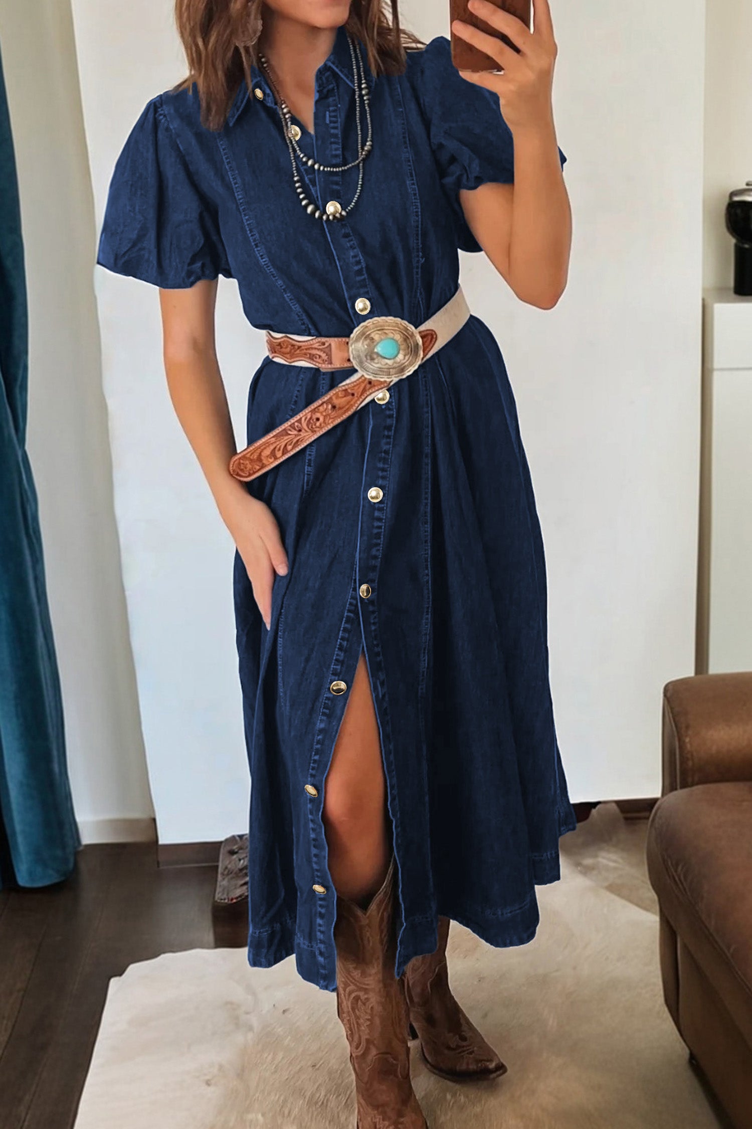 Sail Blue Full Buttons Collared Short Bubble Sleeve Long Denim
