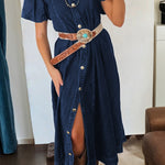Sail Blue Full Buttons Collared Short Bubble Sleeve Long Denim Dress