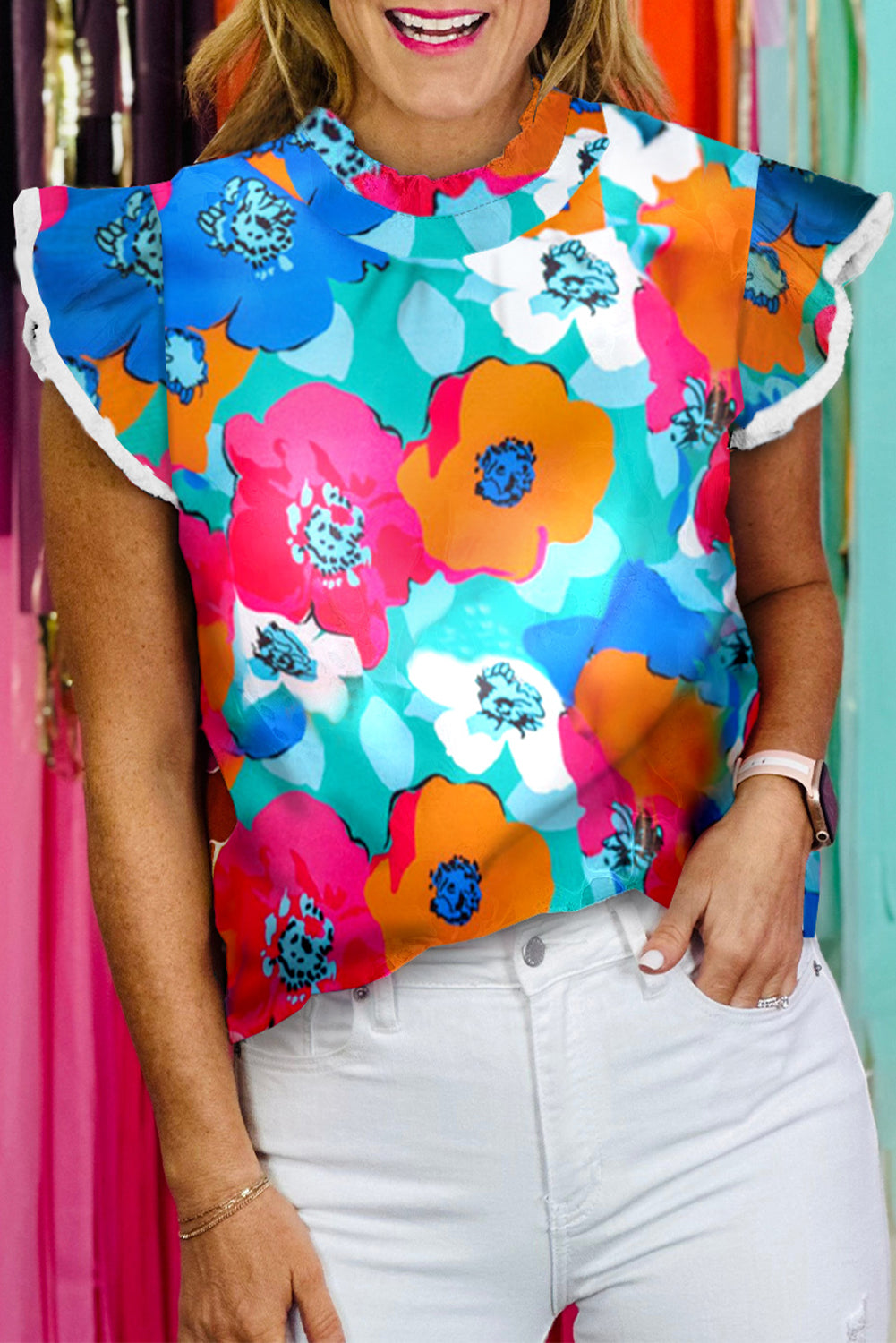 Blusa con cuello en V y manga 3/4 con estampado floral multicolor 