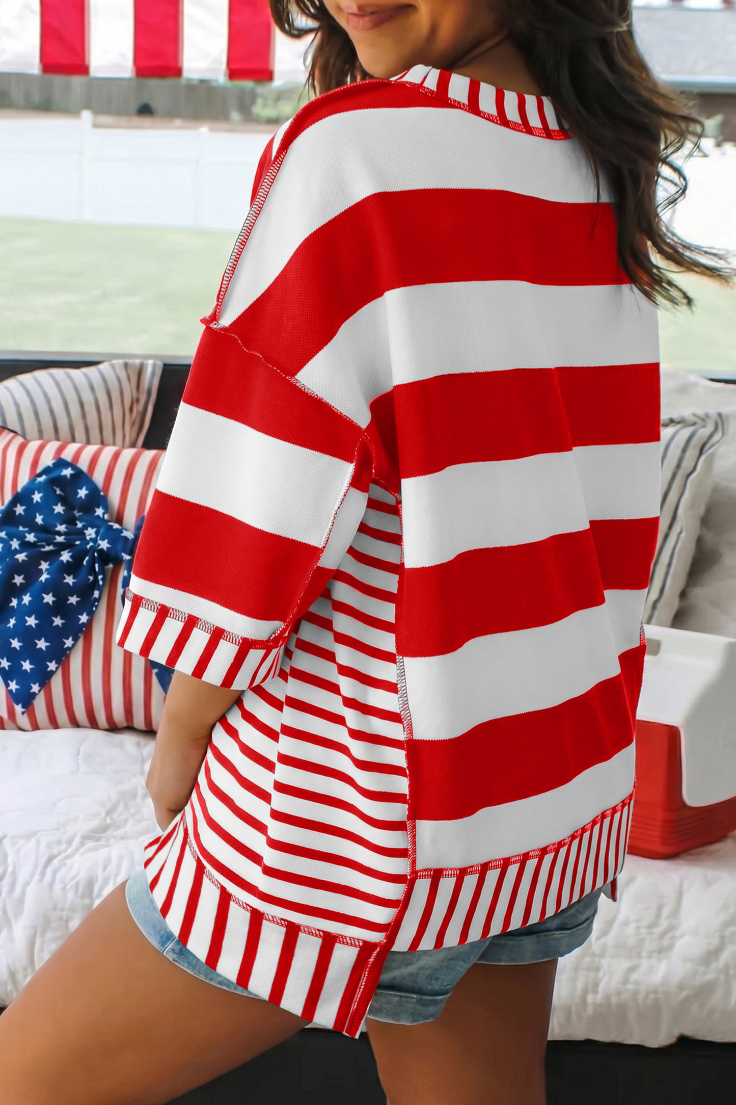 Red Stripe Sequin Bow Patriotic Half Sleeve Top