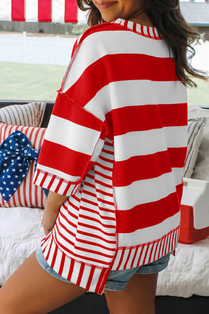 Red Stripe Sequin Bow Patriotic Half Sleeve Top