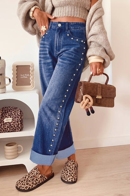 Navy Blue Studded Detail Straight Leg Casual Loose Jeans