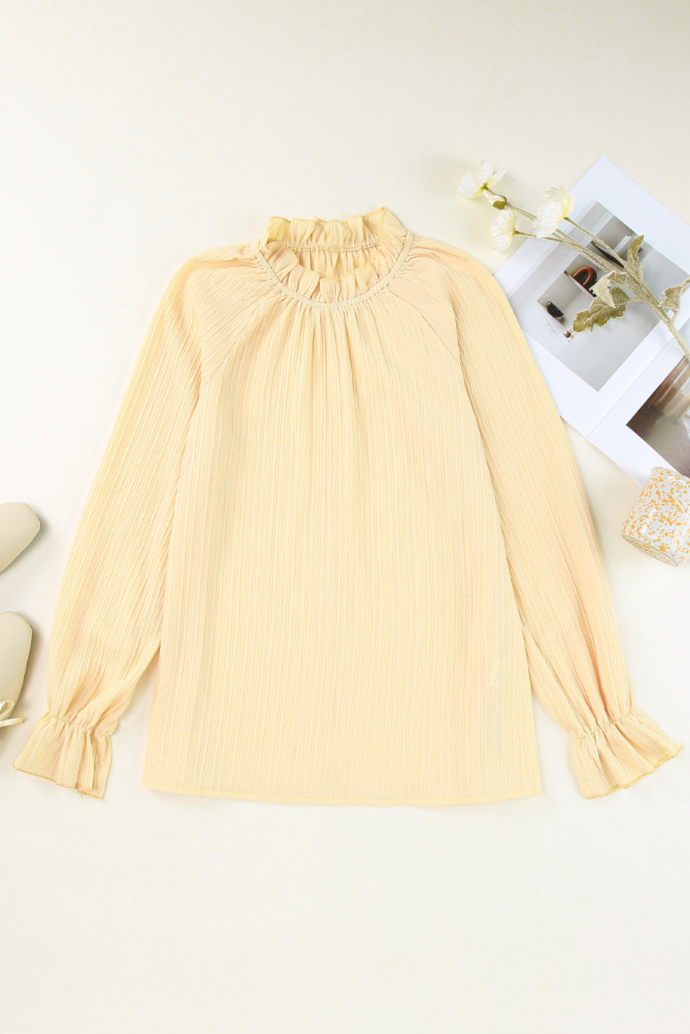 Blusa con volantes y cuello simulado con manga de burbuja ondulada verde 