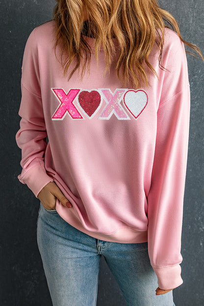 Sweat-shirt de Saint-Valentin à épaules tombantes et motif cœur rose à paillettes XOXO