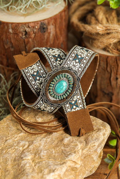 Bandeau de chapeau en cuir PU à lacets bleu clair avec motif western et décor turquoise