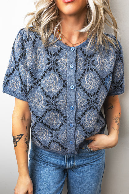 Dark Blue Short Sleeve Button Front Boho Knit Top Cardigan