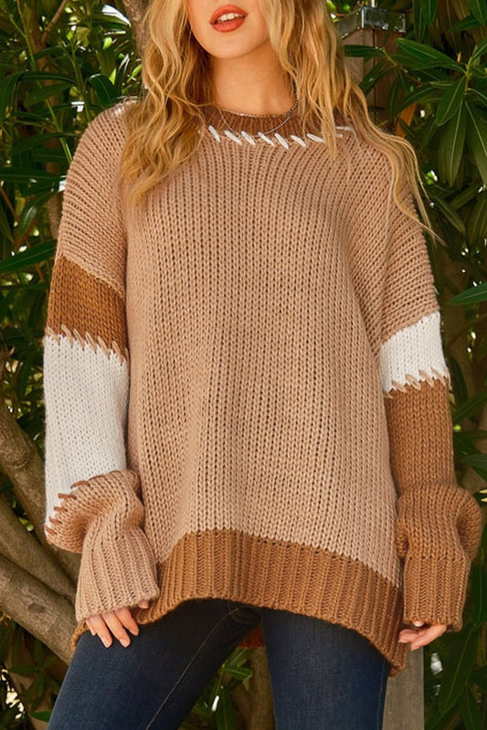 Pull oversize à blocs de couleurs beige clair français et coutures contrastées
