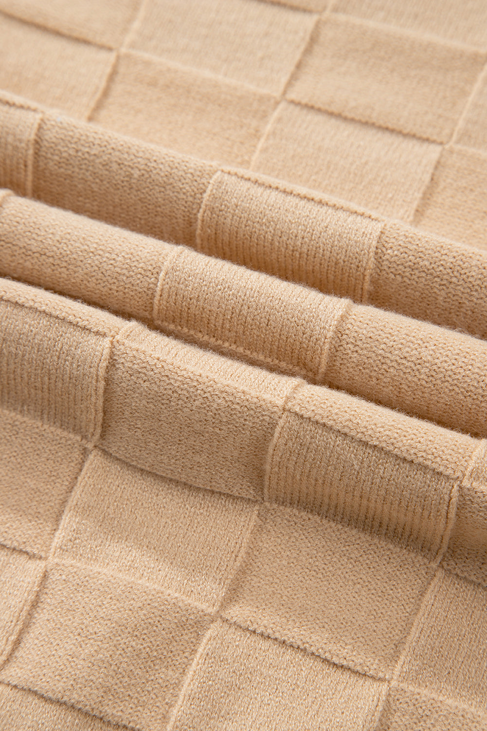 Pull en tricot texturé à carreaux uni beige clair grande taille