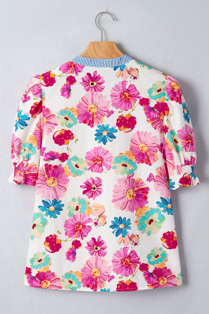 Beige Floral Print Short Puff Sleeve Striped Trim V Neck Blouse