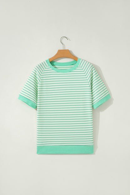 Green Stripe Colorblock Trim Round Neck Short Sleeve Tee