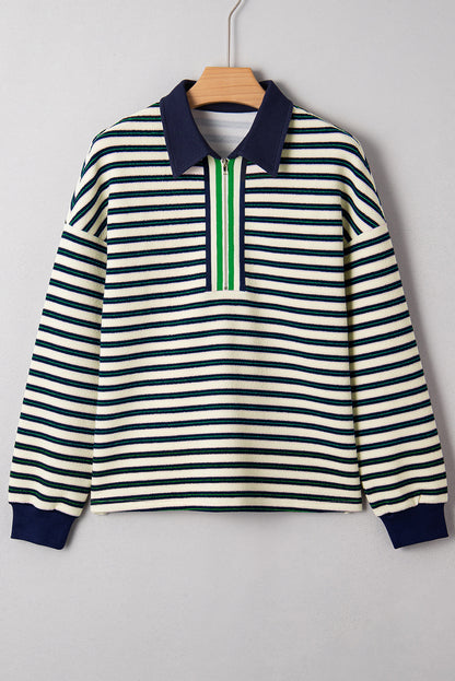 Navy Blue Striped Print Contrast Collar Zip V Neck Long Sleeve Top