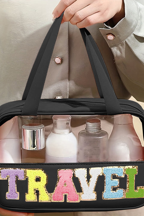Bolsa de maquillaje de PVC transparente con letras de chenilla de viaje rosa claro