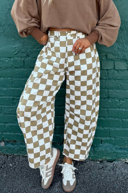 White Checkered Print Denim Barrel Pants