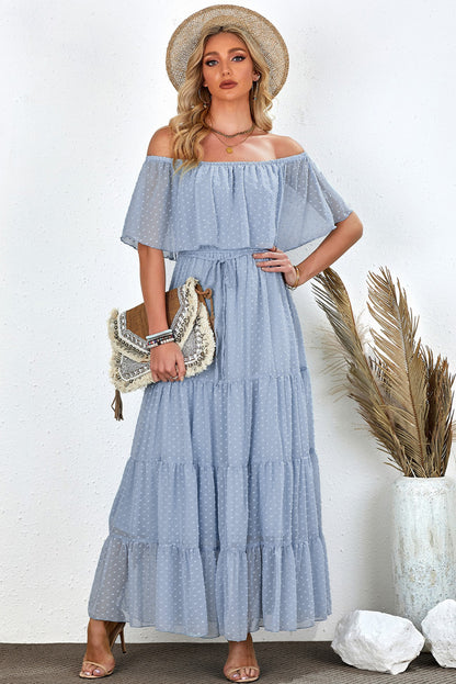 Yellow Yellow Off Shoulder Ruffle Swiss Dot Maxi Dress