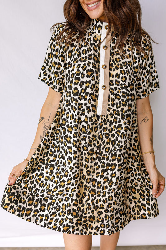 Multicolour Half Buttons Short Sleeve Loose Leopard Mini Dress with Pockets