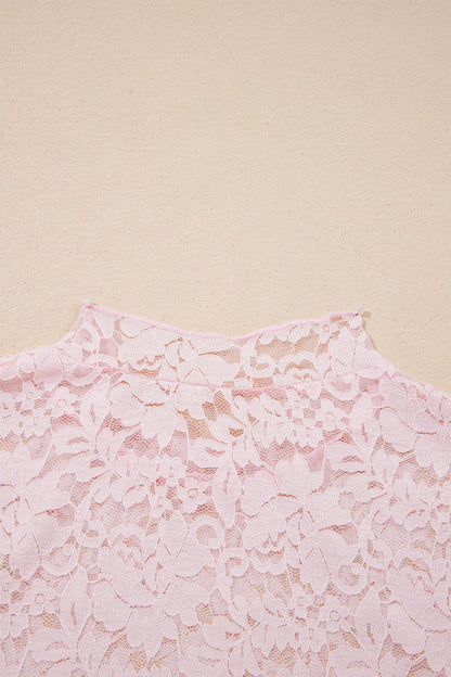 Light Pink Floral Lace Long Sleeve Stand Neck Pullover Top