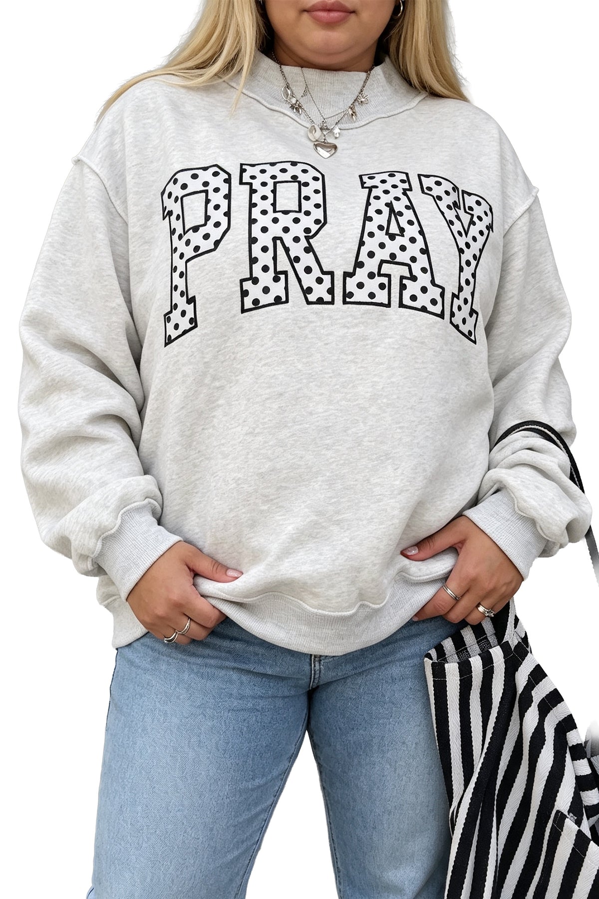 Gray PRAY Polka Dot Letter Print Mock Neck Plus Size Sweatshirt