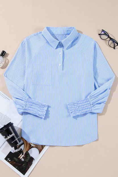 Sky Blue Stripe Pinstripe Long Sleeve Smocked Cuffs Button Shirt Collar Blouse